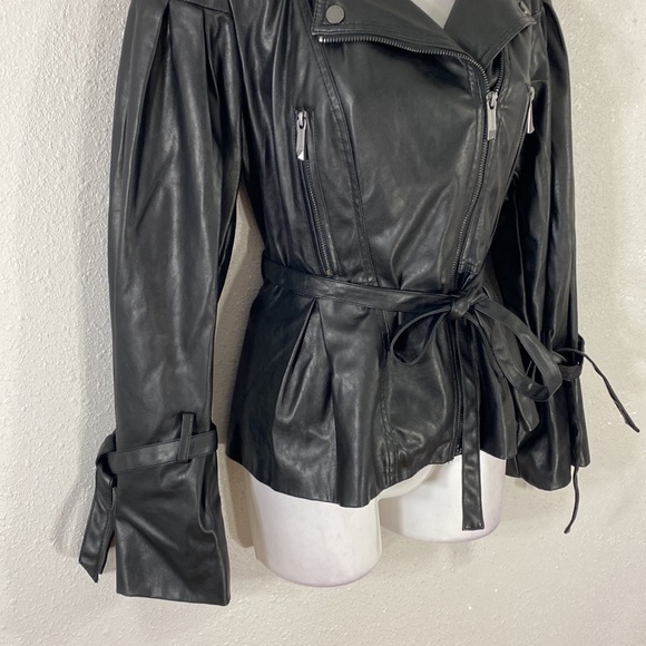BCBGMaxazria Kinsley Black Vegan Leather Balloon Sleeve Belted Moto Jacket XS - Picture 5 of 16